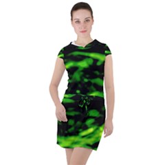 Green  Waves Abstract Series No3 Drawstring Hooded Dress