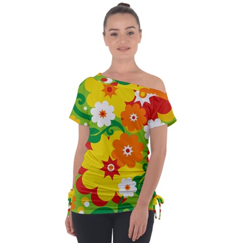 Flower Power Wallpaper Green Yellow Orange Red Off Shoulder Tie-up Tee by EDDArt