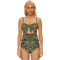 Folk Flowers Print Floral Pattern Ethnic Art Knot Front One-piece Swimsuit