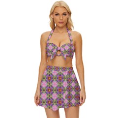 Seamless Psychedelic Pattern Vintage Style Bikini Top And Skirt Set 