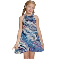 Abstract Waves Kids  Halter Collar Waist Tie Chiffon Dress