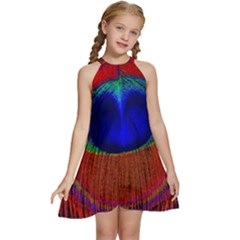 Peacock Plumage Fearher Bird Pattern Kids  Halter Collar Waist Tie Chiffon Dress