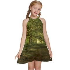 Nature Greenforest Trees Tree Landscape Kids  Halter Collar Waist Tie Chiffon Dress