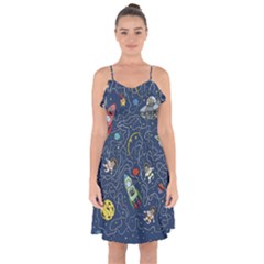 Illustration Cat Space Astronaut Rocket Maze Ruffle Detail Chiffon Dress by Ravend