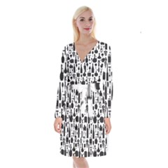 Wine Pattern Black White Long Sleeve Velvet Front Wrap Dress by Jancukart