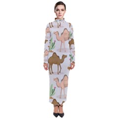 Camels-cactus-desert-pattern Turtleneck Maxi Dress