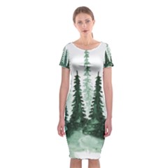 Tree Watercolor Painting Pine Forest Green  Nature Classic Short Sleeve Midi Dress