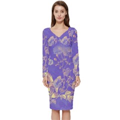 Flowers Petals Bouquet Stem Floral Pattern Long Sleeve V-neck Bodycon Dress 