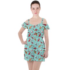 Pattern-with-koi-fishes Ruffle Cut Out Chiffon Playsuit by Pakemis