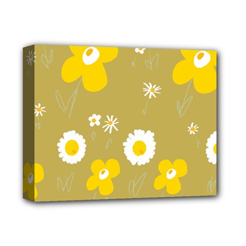 Daisy Flowers Yellow White Olive  Deluxe Canvas 14  X 11  (stretched) by Mazipoodles