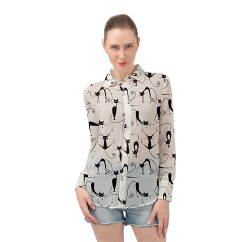 Pattern Cats Black Feline Kitten Long Sleeve Chiffon Shirt by Ravend