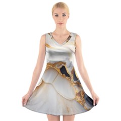 Marble Stone Abstract Gold White V-neck Sleeveless Dress