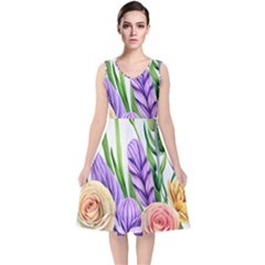 Classy Watercolor Flowers V-neck Midi Sleeveless Dress 