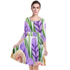 Classy Watercolor Flowers Quarter Sleeve Waist Band Dress