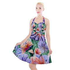 Amazing Watercolor Flowers Halter Party Swing Dress 