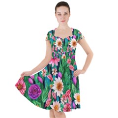 Creative Crimson Crisp Watercolor Flowers Cap Sleeve Midi Dress