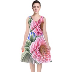 Choice Watercolor Flowers V-neck Midi Sleeveless Dress 