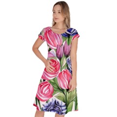 Charming Foliage – Watercolor Flowers Botanical Classic Short Sleeve Dress