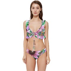 Watercolor Flowers Botanical Foliage Low Cut Ruffle Edge Bikini Set