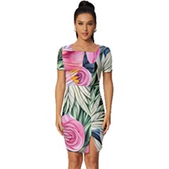 Delightful Watercolor Flowers And Foliage Fitted Knot Split End Bodycon Dress