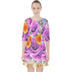 Country-chic Watercolor Flowers Quarter Sleeve Pocket Dress