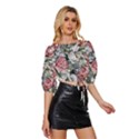 Retro Topical Botanical Flowers Mid Sleeve Drawstring Hem Top View3