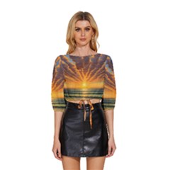 Waves At Sunset Mid Sleeve Drawstring Hem Top