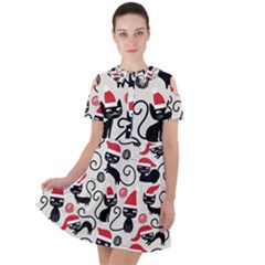 Cute Christmas Seamless Pattern Vector Short Sleeve Shoulder Cut Out Dress  by Semog4