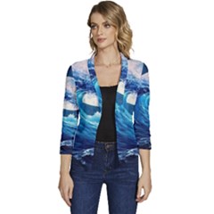 Tsunami Waves Ocean Sea Nautical Nature Water Moon Women s Casual 3/4 Sleeve Spring Jacket