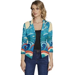 Waves Ocean Sea Abstract Whimsical Abstract Art 5 Women s Casual 3/4 Sleeve Spring Jacket