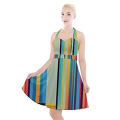 Colorful Rainbow Striped Pattern Stripes Background Halter Party Swing Dress 