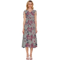 Traditional Cherry Blossom On A Gray Background V-neck Drawstring Shoulder Sleeveless Maxi Dress