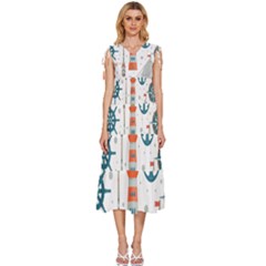 Nautical Elements Pattern Background V-neck Drawstring Shoulder Sleeveless Maxi Dress