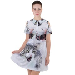 Cat Pet Art Abstract Watercolor Short Sleeve Shoulder Cut Out Dress 