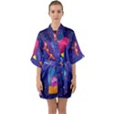 Cartoon-funny-aliens-with-ufo-duck-starry-sky-set Half Sleeve Satin Kimono  View1