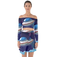 Ufo-alien-spaceship-galaxy Off Shoulder Top With Skirt Set