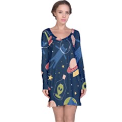 Seamless-pattern-with-funny-aliens-cat-galaxy Long Sleeve Nightdress by Salman4z