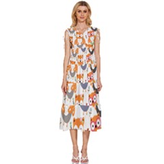 Cute-colorful-owl-cartoon-seamless-pattern V-neck Drawstring Shoulder Sleeveless Maxi Dress