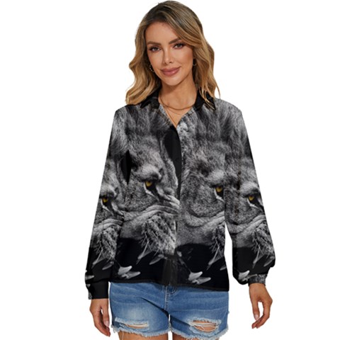 Roar Angry Male Lion Black Women s Long Sleeve Button Up Shirt by Mog4mog4