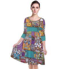 Pattern Design Art Techno Dj Music Retro Music Device Quarter Sleeve Waist Band Dress