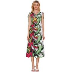 Scooter-motorcycle-graffiti V-neck Drawstring Shoulder Sleeveless Maxi Dress