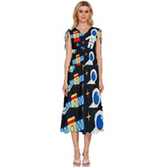 Space Seamless Pattern V-neck Drawstring Shoulder Sleeveless Maxi Dress