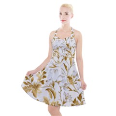 Flowers Gold Floral Halter Party Swing Dress 