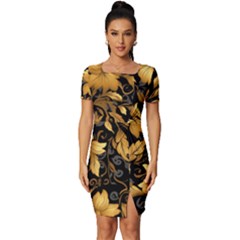 Flower Gold Floral Fitted Knot Split End Bodycon Dress