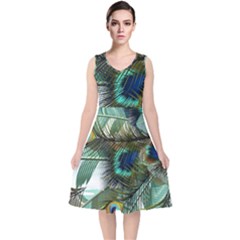 Peacock Feathers Blue Green Texture V-neck Midi Sleeveless Dress 