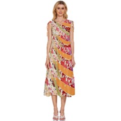 Japanese Kimono Pattern V-neck Drawstring Shoulder Sleeveless Maxi Dress