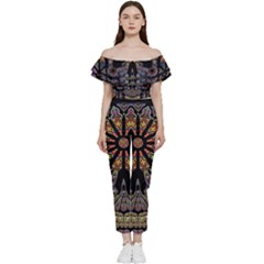 Skull Death Mosaic Artwork Stained Glass Off Shoulder Ruffle Top Jumpsuit