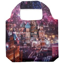 Moscow Kremlin Saint Basils Cathedral Architecture  Building Cityscape Night Fireworks Foldable Grocery Recycle Bag by Cowasu