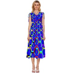 Blue Bee Hive Pattern V-neck Drawstring Shoulder Sleeveless Maxi Dress