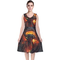 Dragon Art Fire Digital Fantasy V-neck Midi Sleeveless Dress 